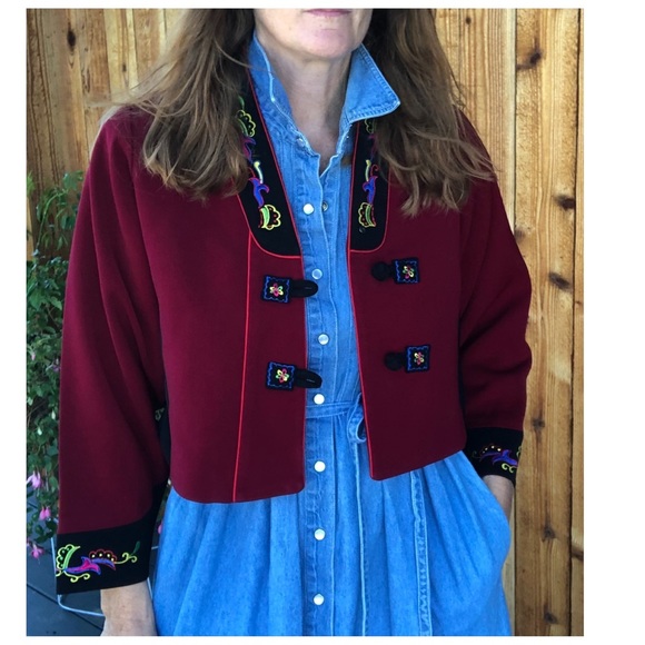 Vintage Jackets & Blazers - Bolero Jacket Deep Red Embroidered Lapel/Cuffs